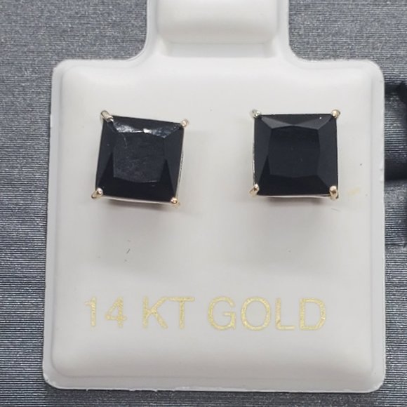 14 Karat Yellow Gold Push Backing Black CZ Square Stud Earrings 6MM